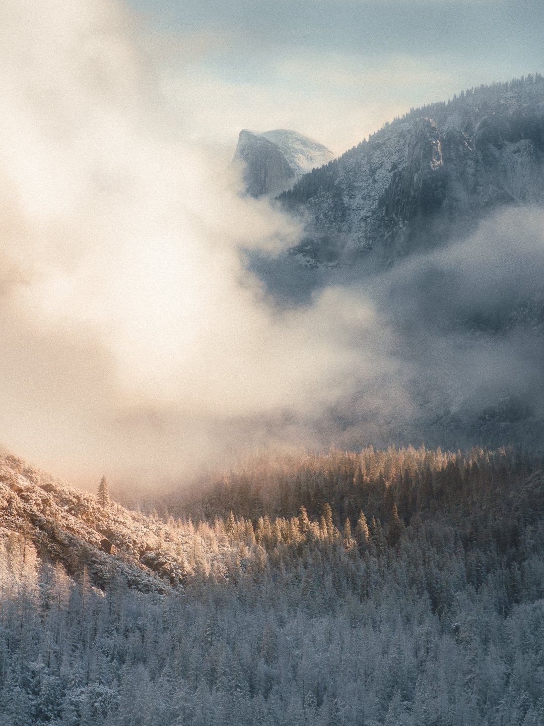 Yosemite Valley in winter with misty clouds around Half Dome and snow covered trees