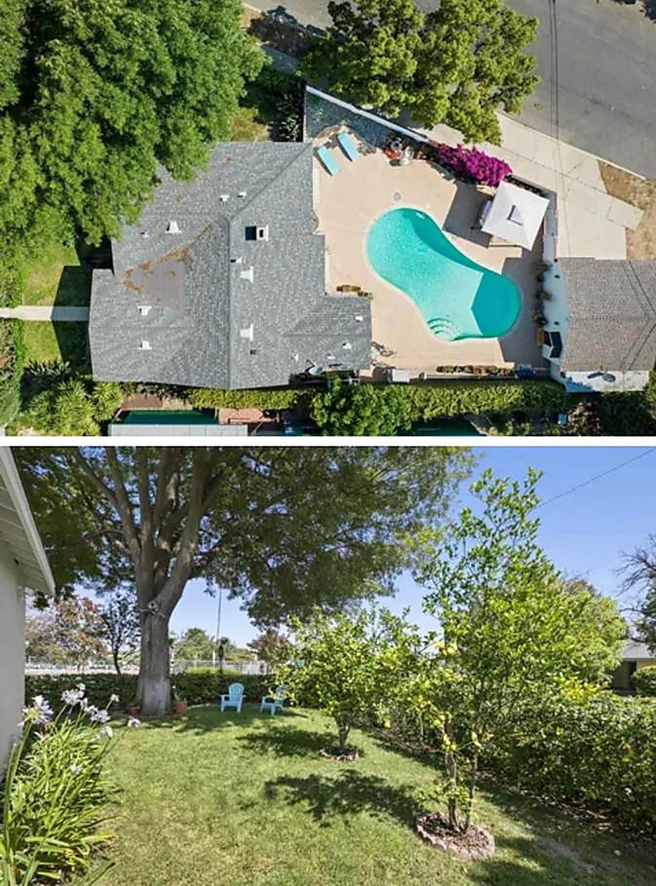 Aerial view of furnished Santa Monica rental with pool and spacious yard