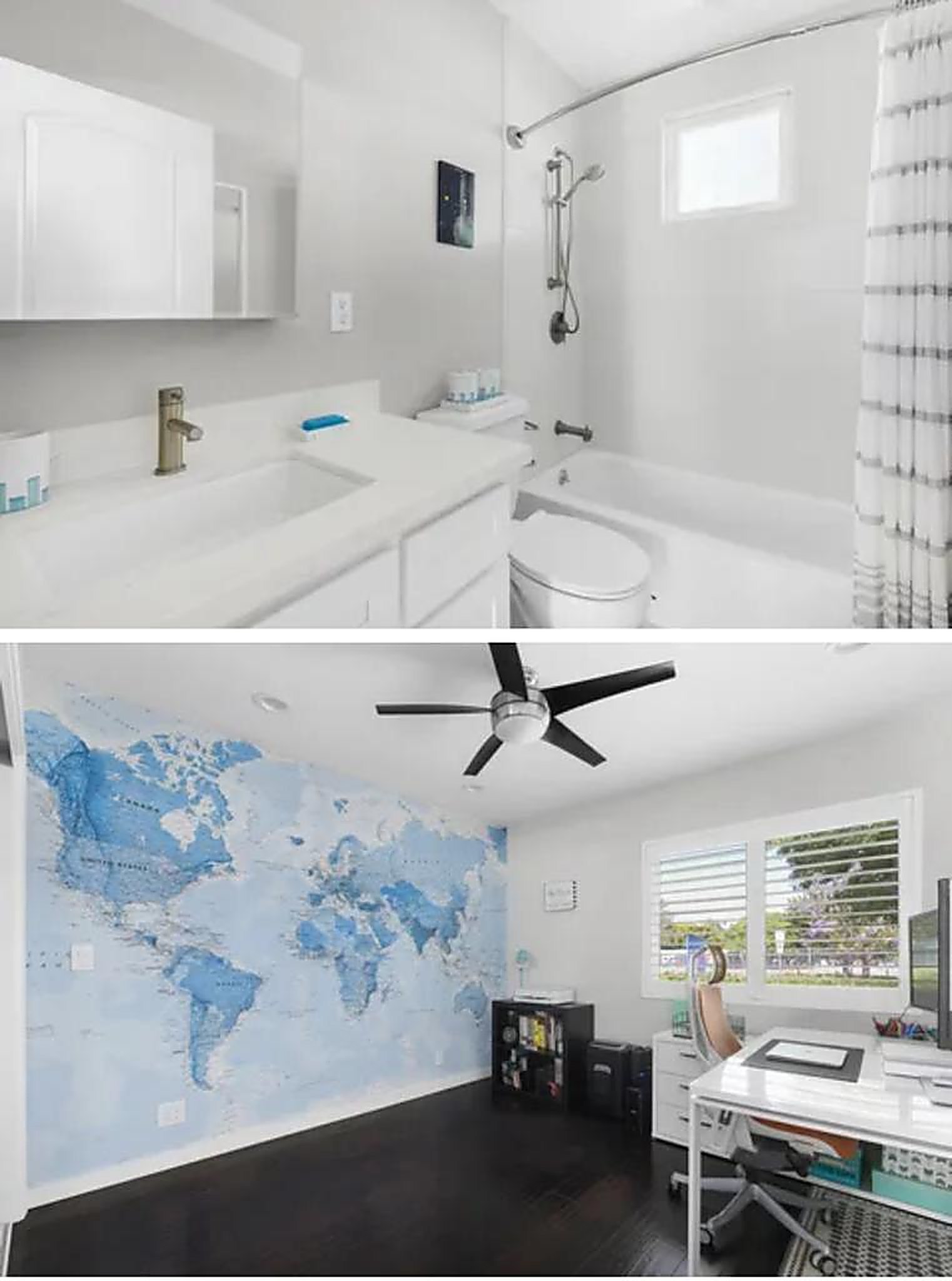 Modern bathroom and home office with world map mural in Santa Monica rental