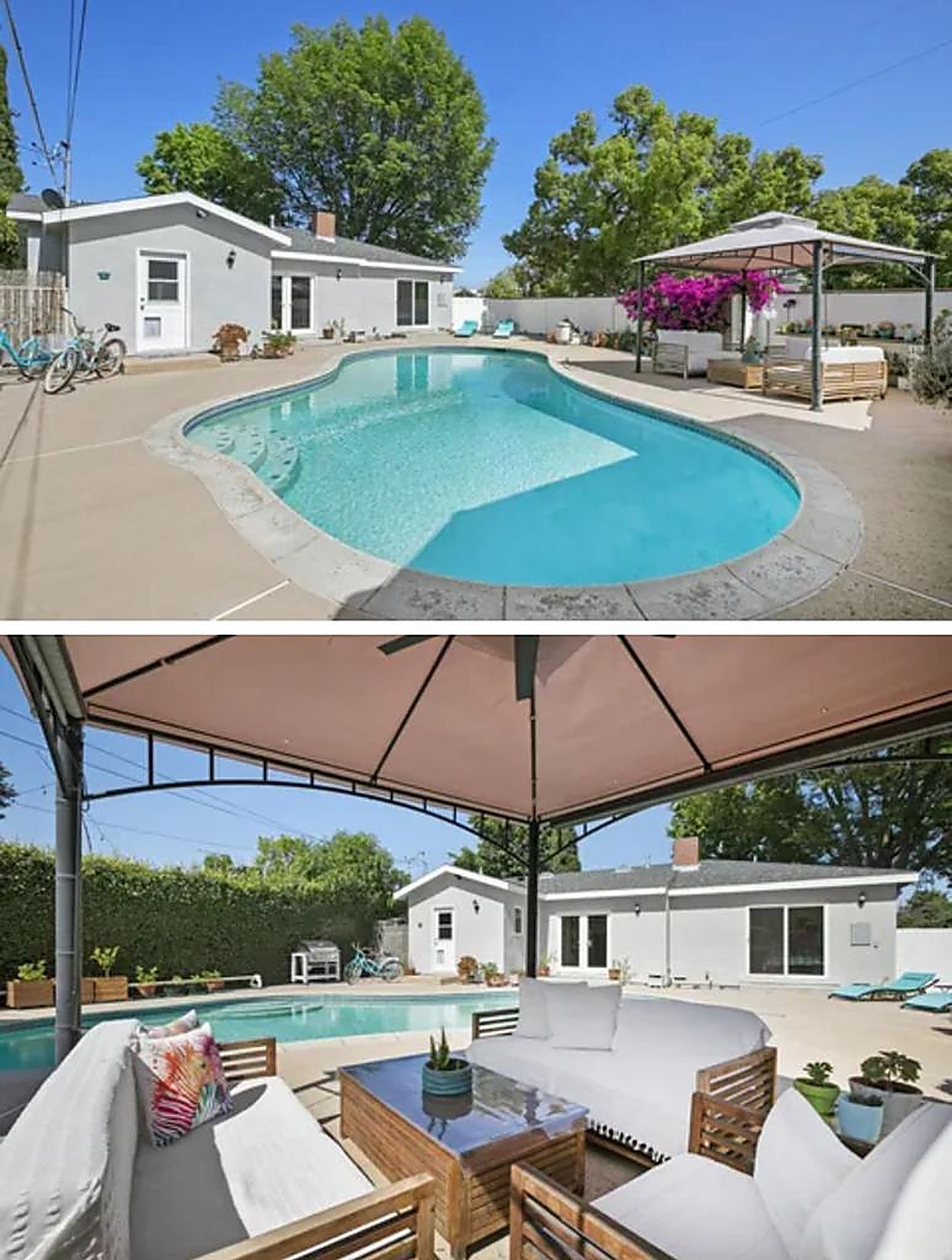 Private pool with cabana and outdoor lounge seating at Santa Monica furnished rental