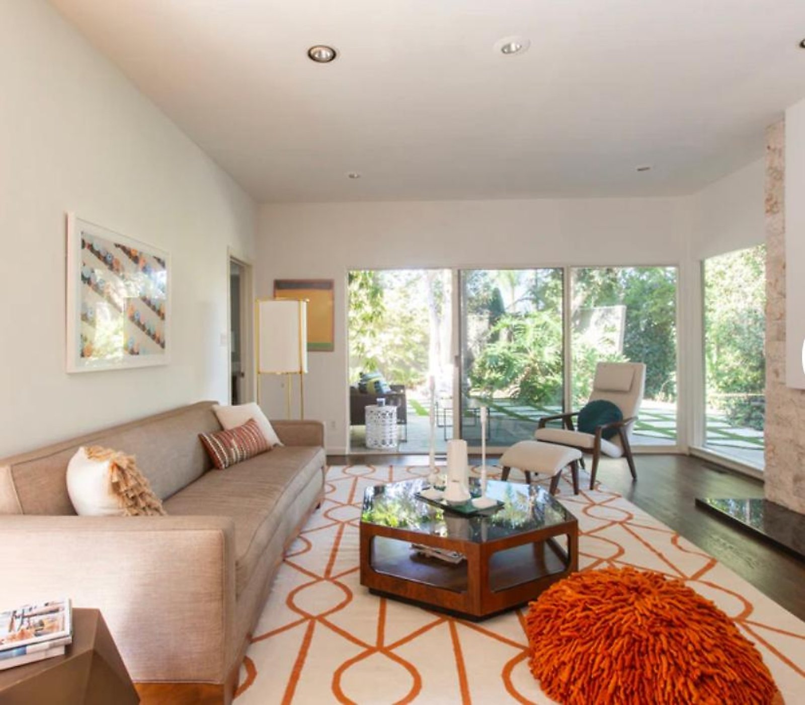 West Hollywood furnished apartment bright living room with floor-to-ceiling windows
