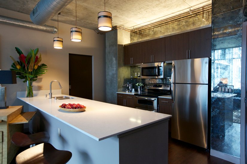 Downtown LA furnished apartment modern kitchen with stainless steel appliances